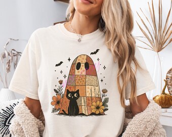 Patchwork Ghost & Cat Vintage Halloween PNG: Rustic Floral Illustration (Digital Download