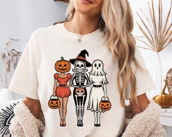 Vintage Halloween Trio PNG: Pumpkin Head, Skeleton Witch, Ghost Clipart (Digital Download)
