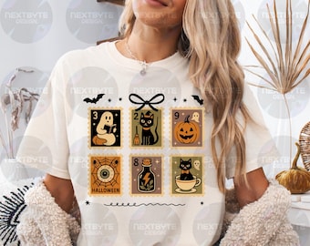 Halloween Postage Stamp Clipart PNG,Retro Spooky Clipart Black Cat Pumpkin Ghost Witch Potion, Halloween PNG, Spooky PNG