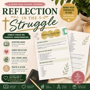 以下が含まれることがあります： 「Reflection in the Struggle」というタイトルの聖書ガイド付きジャーナル。十字架のグラフィックが特徴で、誠実な反省、祈り、癒しを促すプロンプトが含まれています。画像には聖書とダウンロード可能なPDFも含まれています。