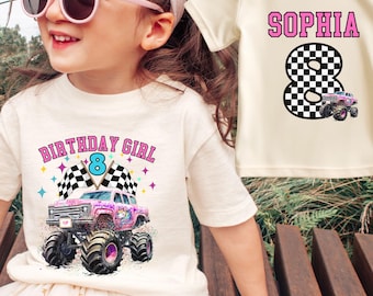 Camiseta de cumpleaños para niñas, camiseta Monster Truck Jam Sparkle Pink Unicorn Truck, camisetas a juego para la familia Pit Crew, conjunto personalizado para el día de la carrera de la fiesta