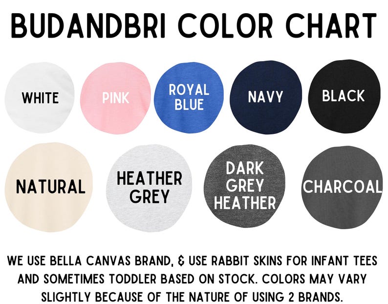 May include: Color chart displaying various fabric colors, including white, pink, royal blue, navy, and black. Additional colors are natural, heather grey, dark grey heather, and charcoal. Text at the bottom states the brands used.