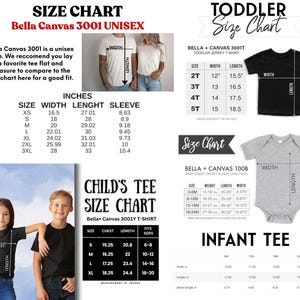 May include: Size charts for unisex, toddler, child, and infant t-shirts. Charts include measurements in inches for width, length, and sleeve length. The Bella Canvas 3001 unisex chart includes sizes XS to 3XL.