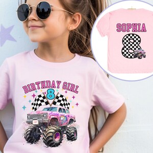 May include: A light pink t-shirt with the text "BIRTHDAY GIRL 8" and a graphic of a pink monster truck with a unicorn design. The shirt also features checkered flags and colorful stars. A second shirt shows the name "SOPHIA" and the number "8".