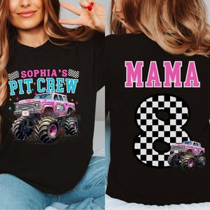 May include: Black t-shirt with a colorful graphic of a monster truck with the text "SOPHIA'S PIT CREW". The back of the shirt features the word "MAMA" and a checkered number 8.
