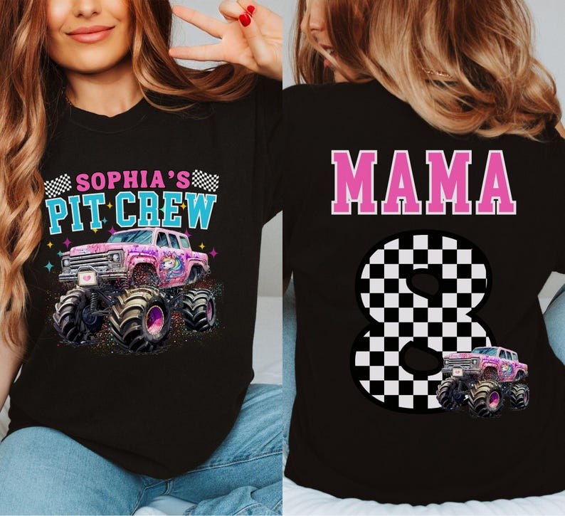 May include: Black t-shirt with a colorful graphic of a monster truck with the text "SOPHIA'S PIT CREW". The back of the shirt features the word "MAMA" and a checkered number 8.