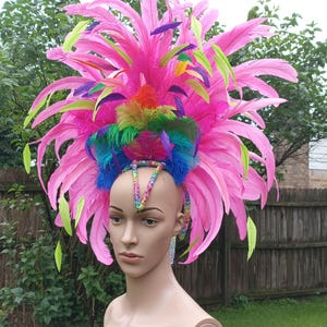 In Confetti We Pledge, Festival, Rave, Samba, Carnival Basic Fan Shaped Tiara Headpiece with Feathers. Show Girl