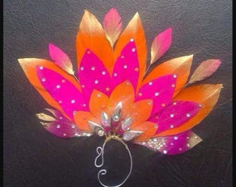 Winterberry Gold Tipped custom Ear cuff with hand cut and painted feathers for Festival Wear, Rave Wear, swimsuits and costumes