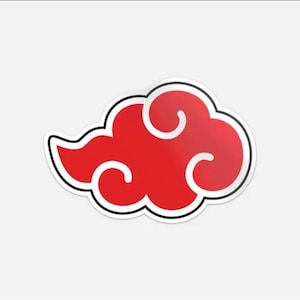 Puede incluir: Una pegatina roja con forma de nube con un contorno negro y detalles blancos. El diseño presenta tres formas arremolinadas dentro de la nube. Este símbolo es popular en el anime y el manga.