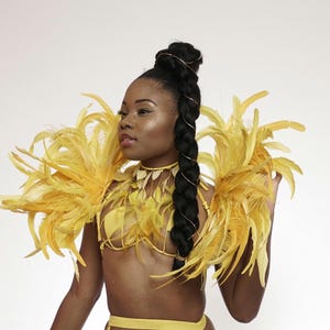 以下が含まれることがあります： 金色のチェーンネックレスをつけた黄色の羽根の衣装を着た女性。衣装はメッシュデザインの黄色のブラジャーと黄色のスカートで構成されています。女性は髪を三つ編みのポニーテールにしています。