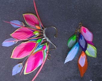 Kinetic Chevron, Hand cut Feather Ear cuff for Festival Outfit, Bridesmaids, Rave Costume, Carnival Monday Wear, Party Favors