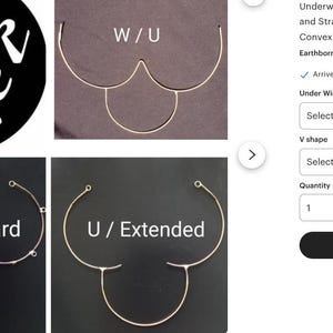 Puede incluir: Im&aacute;genes que muestran opciones de personalizaci&oacute;n de aros para sujetadores. Las opciones incluyen formas W/U, U/Standard y U/Extended. El texto "pick one" est&aacute; en un c&iacute;rculo negro con una flecha blanca.