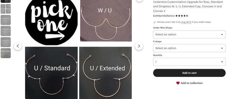 Puede incluir: Im&aacute;genes que muestran opciones de personalizaci&oacute;n de aros para sujetadores. Las opciones incluyen formas W/U, U/Standard y U/Extended. El texto "pick one" est&aacute; en un c&iacute;rculo negro con una flecha blanca.
