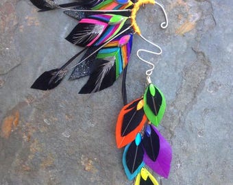 Kinetic Black Chevron, Hand cut Feather Ear cuff for Festival Outfit, Bridesmaids, Rave Costume, Carnival Monday Wear, Party Favors