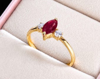 18K 21K gouden marquise robijnring, geboortesteen juli, minimalistische verlovingsring