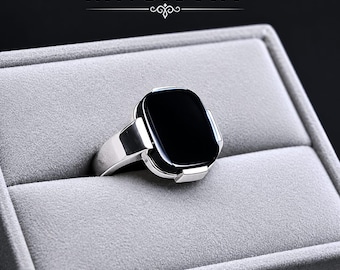 Handmade Black Agate Ring, Sterling Silver Yemeni Style Men's Band
