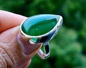 Teardrop Green Agate Ring: Sterling Silver Statement Jewelry