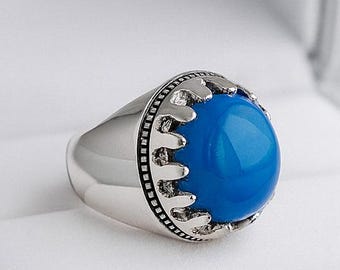 Blue Agate Aqeeq Ring for Men: Silver Plated Islamic Gemstone