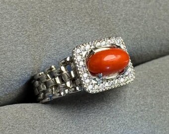 Natural Red Coral Marjan Silver Men Signet Statement Ring Gift