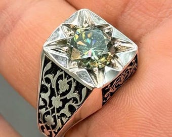 Oxidized Sterling Silver Men's Ring: 5 Carat Green Stone, Ottoman Style