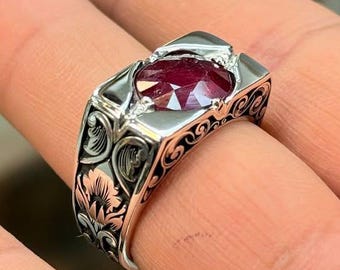 Handmade Silver Ring with Red Ruby Gemstone: Vintage Unisex Statement