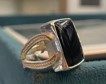 Black Agate Aqeeq Statement Signet for Men Handmade Silver Gift