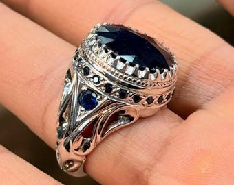 Sterling Silver Men's Ring: Natural Blue Sapphire Engagement Jewelry
