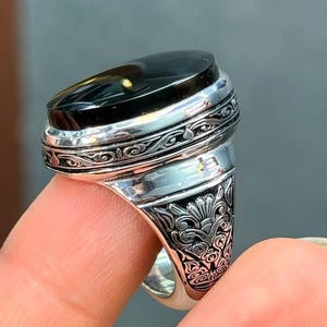 Handmade Black Agate Aqeeq Ring: Sterling Silver Islamic Jewelry