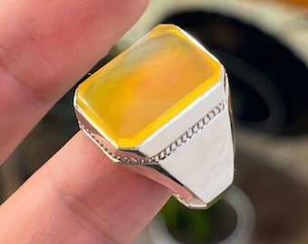 Handmade Yellow Agate (Aqeeq) Ring: 925 Sterling Silver Islamic Men's Ring