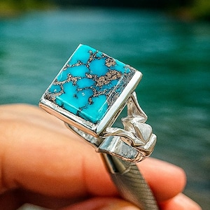 Handmade Turquoise Sterling Silver Ring: Rustic Boho Statement Jewelry