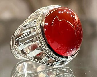 Red Yemeni Aqeeq Agate Ring: Handmade Sterling Silver Oval Statement