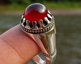 Handmade Sterling Silver Red Agate Ring: Islamic Aqeeq Style