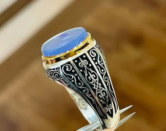 Blue Agate Ring Men, Sterling Silver Aqeeq Signet, Handmade Ottoman Ring