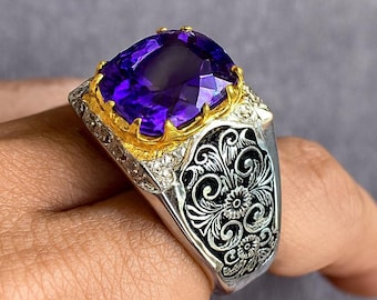Men's Amethyst Ring: Handmade Sterling Silver Band with Gold Accents