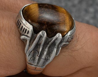 Handmade Tiger Eye Aqeeq Ring: Vintage Silver, Spiritual Gemstone