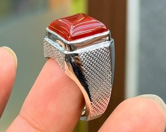 Engraved Sterling Silver Yemeni Aqeeq Ring: Islamic Red Agate Signet