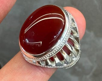 Handmade Red Agate Aqeeq Ring: Sterling Silver Healing Stone