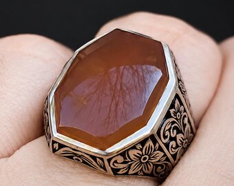 Men's Brown Agate Aqeeq Signet Ring: Handmade Floral Engraved Silver Vintage Statement Accessory