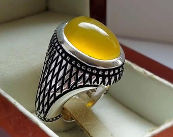 Yellow Aqeeq Agate Ring: Sterling Silver Islamic Healing Stone