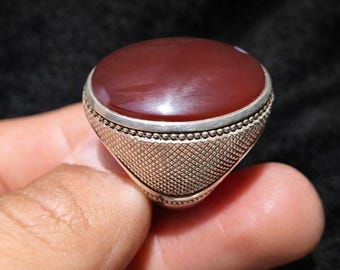 Red Maroon Aqeeq Statement Signet for Men Handmade Silver Design
