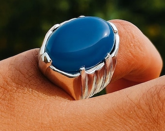 Handmade Blue Agate Sterling Silver Ring: Men's Statement Jewelry