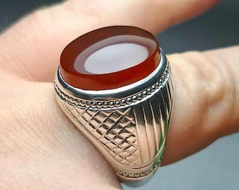 Handmade Red Yemeni Aqeeq Ring for Men: 925 Sterling Silver Islamic Agate