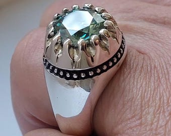 Handcrafted Men’s Green Moissanite Ring – Oxidized Sterling Silver