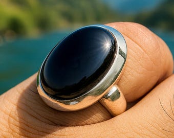 Black Agate Ring: Handmade 925 Sterling Silver Boho Statement Jewelry