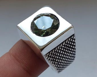Green Moissanite Silver Ring: Handmade Men's Statement Ring