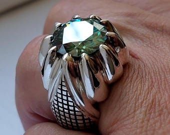 Green Moissanite Ring for Men: Sterling Silver Vintage Statement