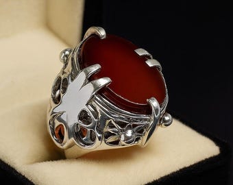 Dark Red Agate Ring: Sterling Silver 925 Handmade Aqeeq Gemstone