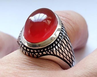 Red Agate Aqeeq Silver Ring: Handmade Islamic Men's Jewelry