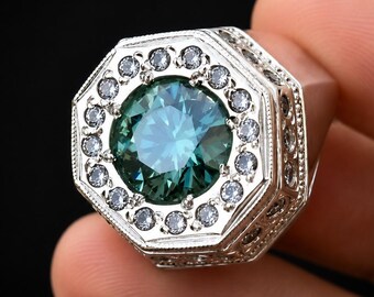 Men's Green Moissanite Octagon Halo Signet Ring, Silver Statement Luxury Handmade Vintage Style