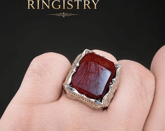 Mens Yemeni Aqeeq Ring, Dark Blood Red Agate Akik Ring, 925 Sterling Silver Shia Style Square Stone Ring